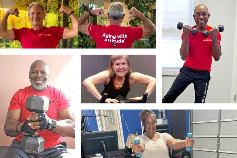 collage of Senior Planet Sponsored Athletes doing various exercises