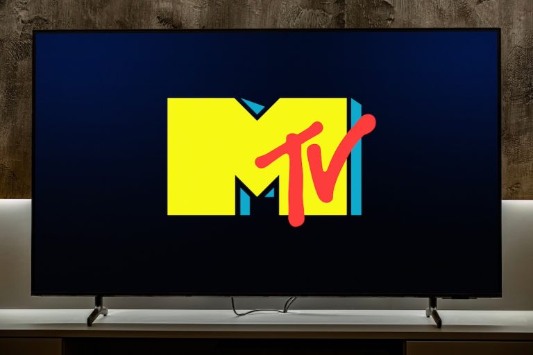 Flat-screen TV set displaying logo of MTV