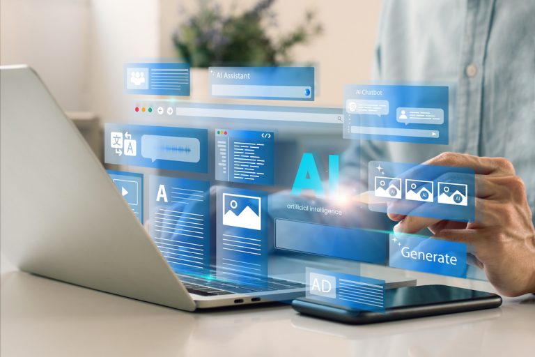 A man uses a laptop to interact with AI assistant. AI offers functions like chatbot, generate images, write code, writer bot, translate and advertising.