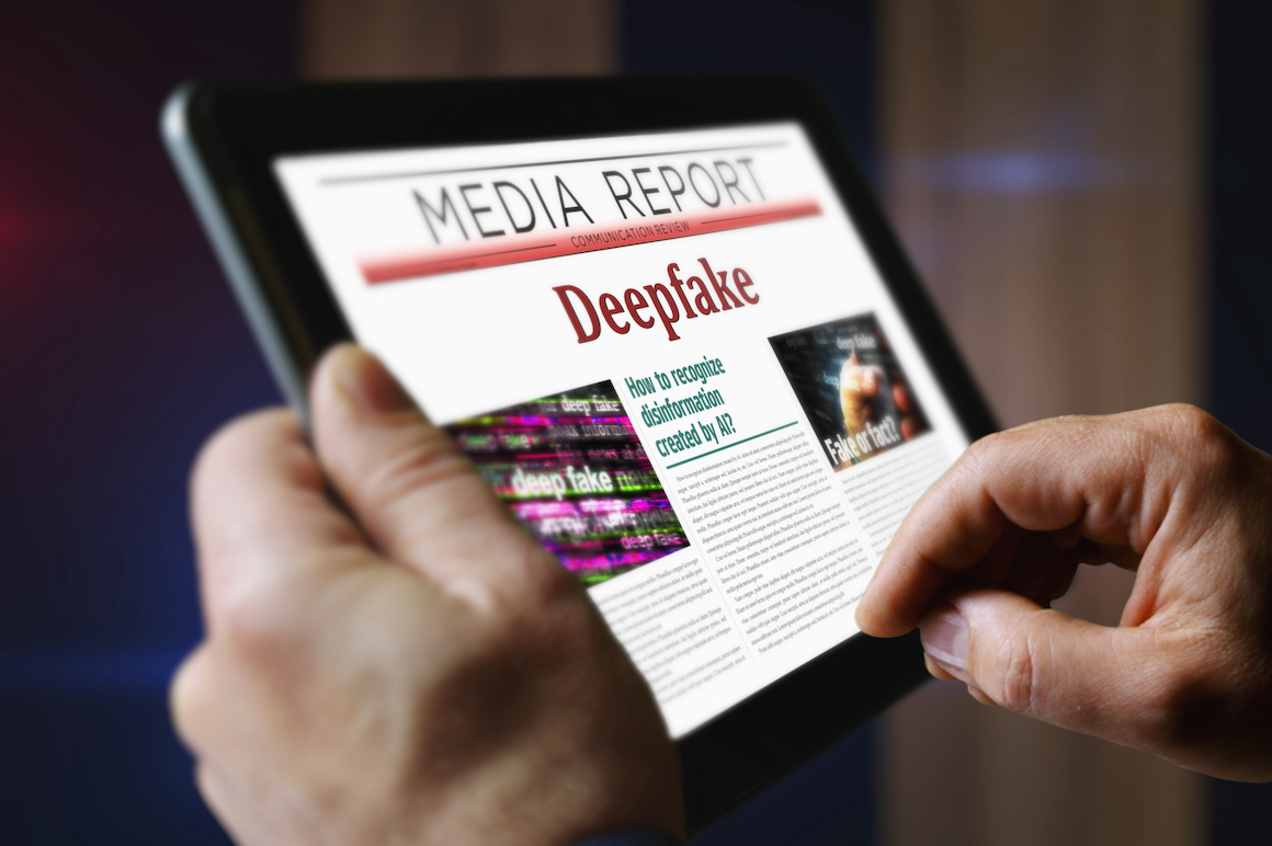 Deepfake AI disinformation fake news and misinformation daily newspaper reading on mobile tablet computer screen