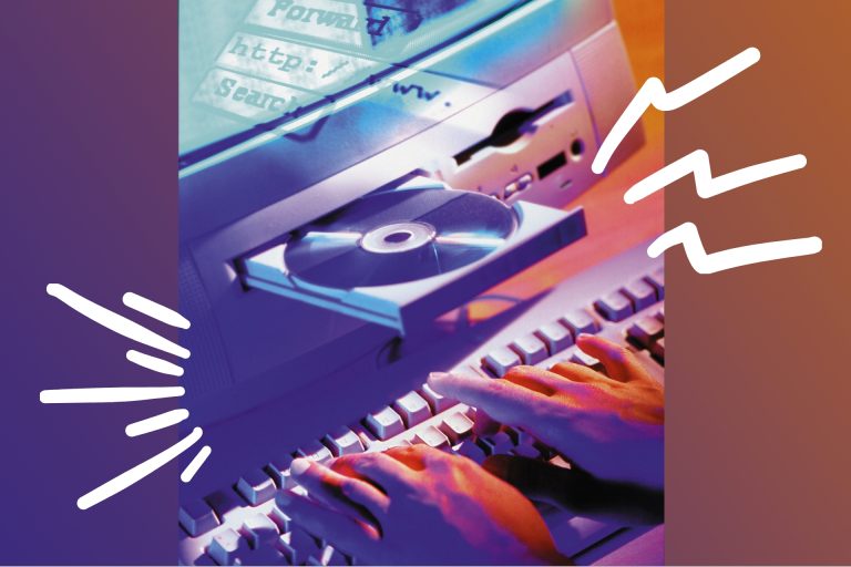 illustration of compact disc in desktop computer with dial-up internet sound effects and typing on keyboard