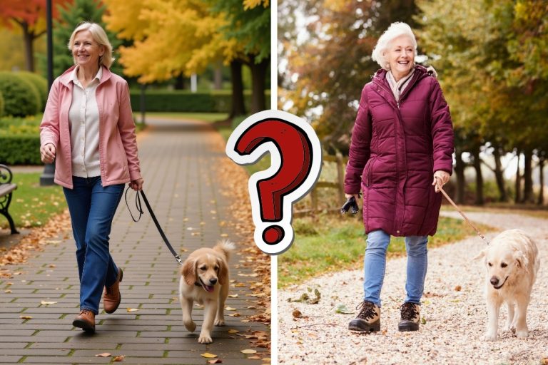 side-by-side images of an older woman walking her dog. one is generated by AI, the other is a real photo.