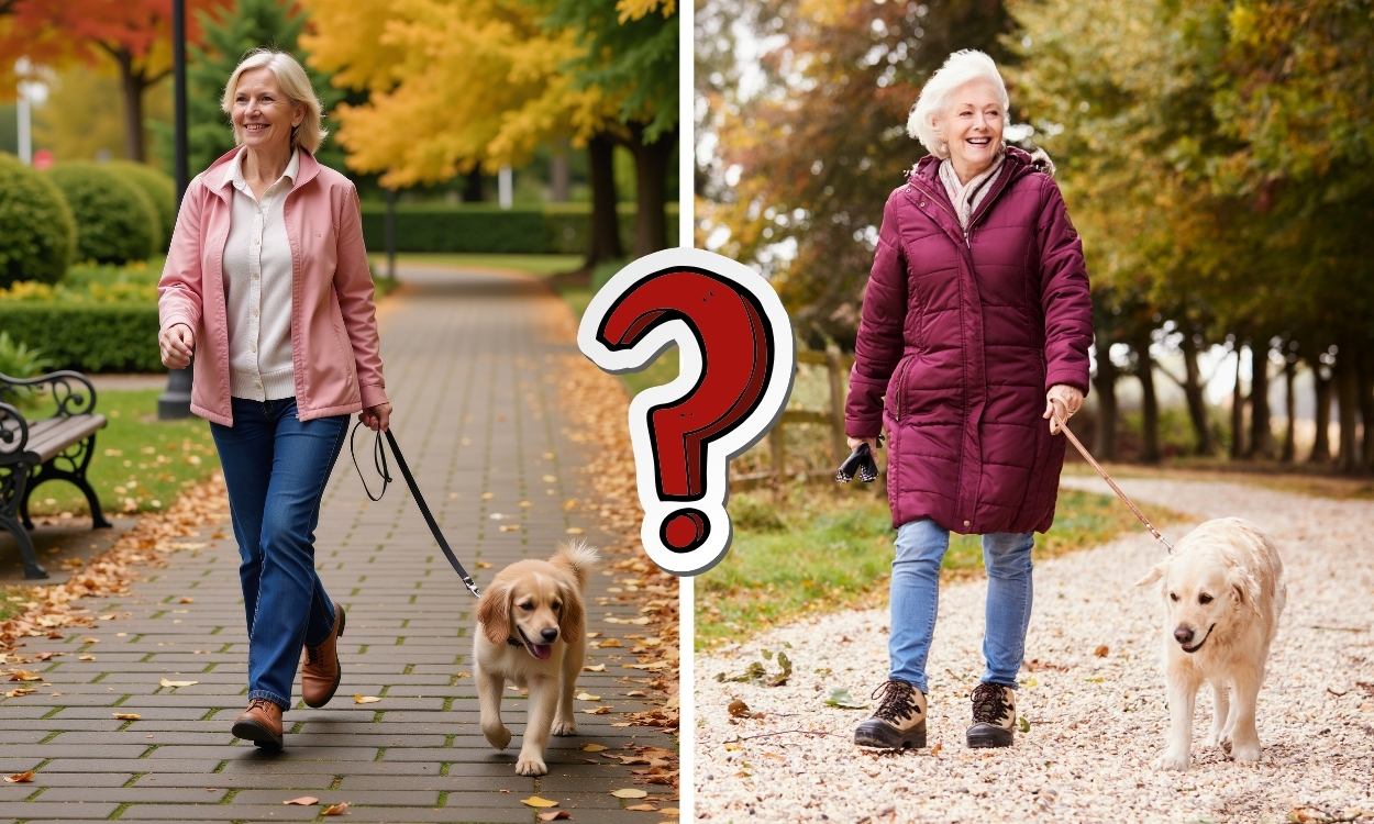 side-by-side images of an older woman walking her dog. one is generated by AI, the other is a real photo.