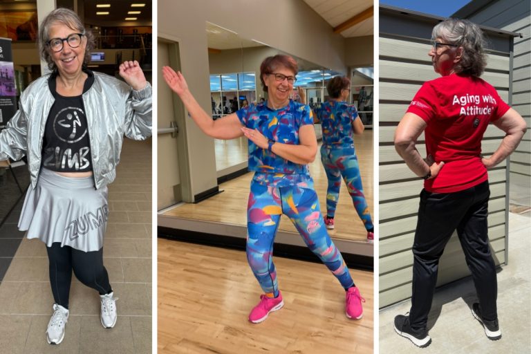 senior woman dancing Zumba and posing in colorful outfits