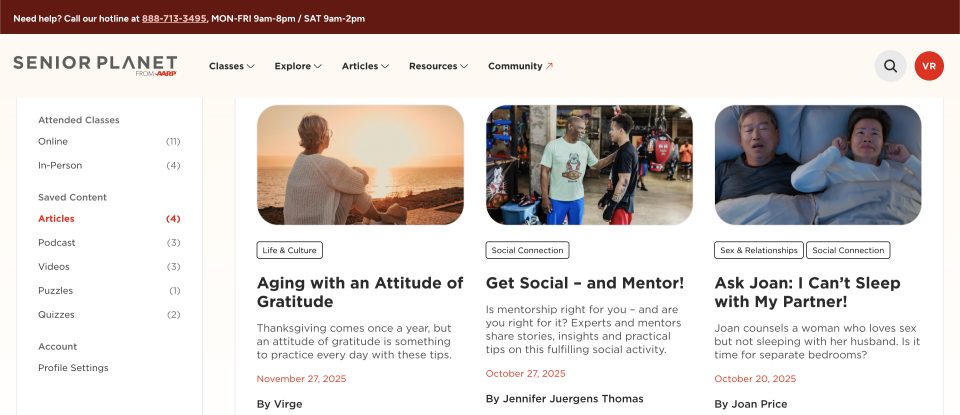 screenshot of new senior planet website dashboard