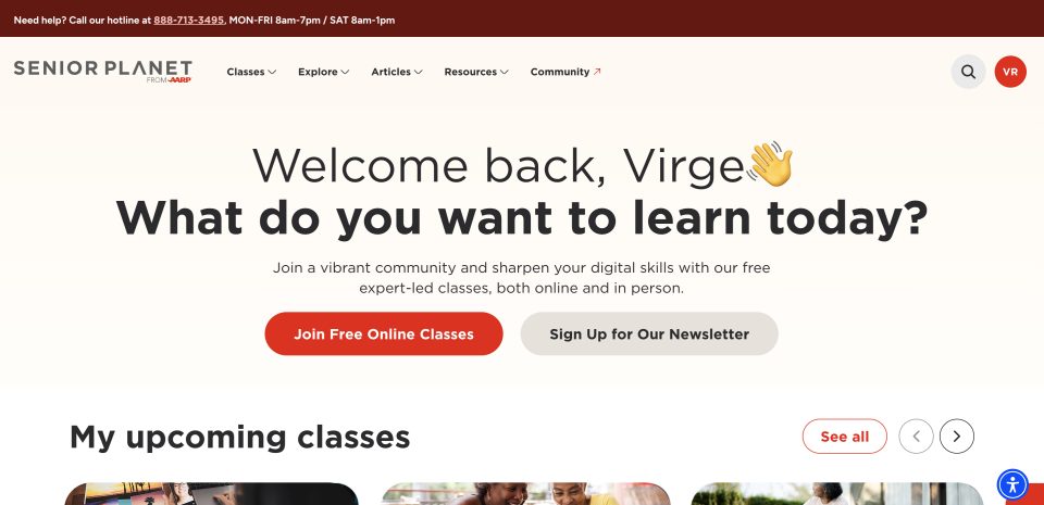 screenshot of new senior planet website
