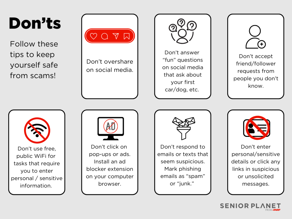 infographic with tips for scam prevention - what not to do