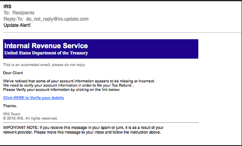 screenshot example of IRS phishing email 