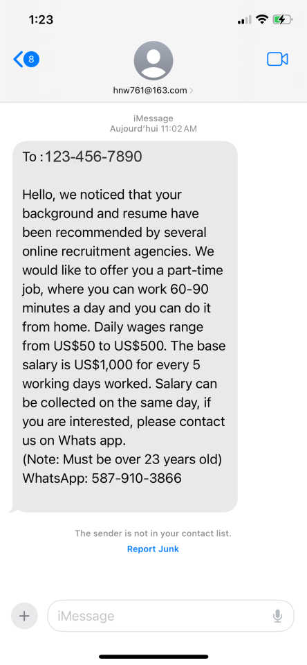 screenshot of employment scam sample text message