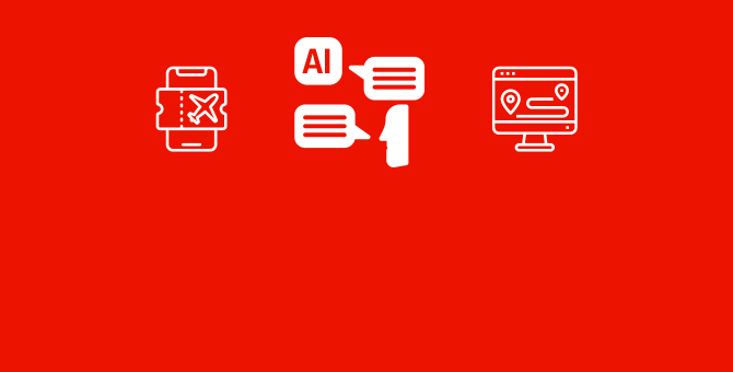 icons: phone with plane ticket, ai chat bot conversation, computer screen with map destinations